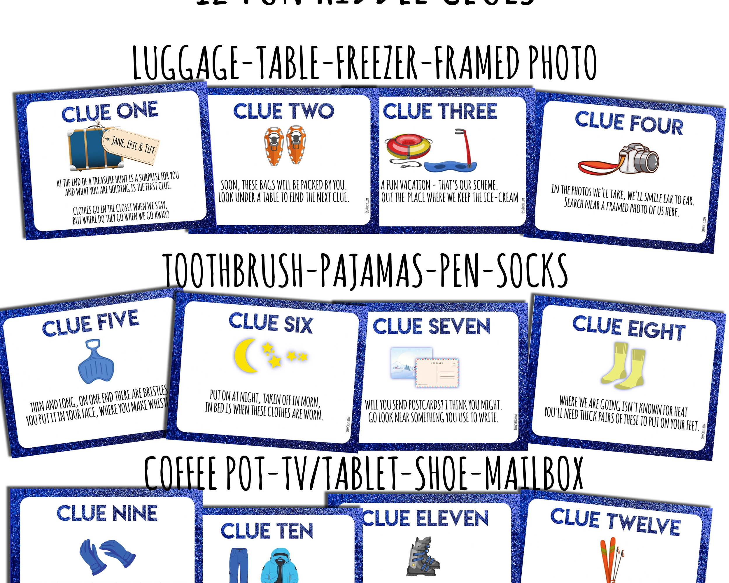Surprise Winter Vacation - skiing trip or snowboarding - Treasure Hunt Clues - Open Chests
