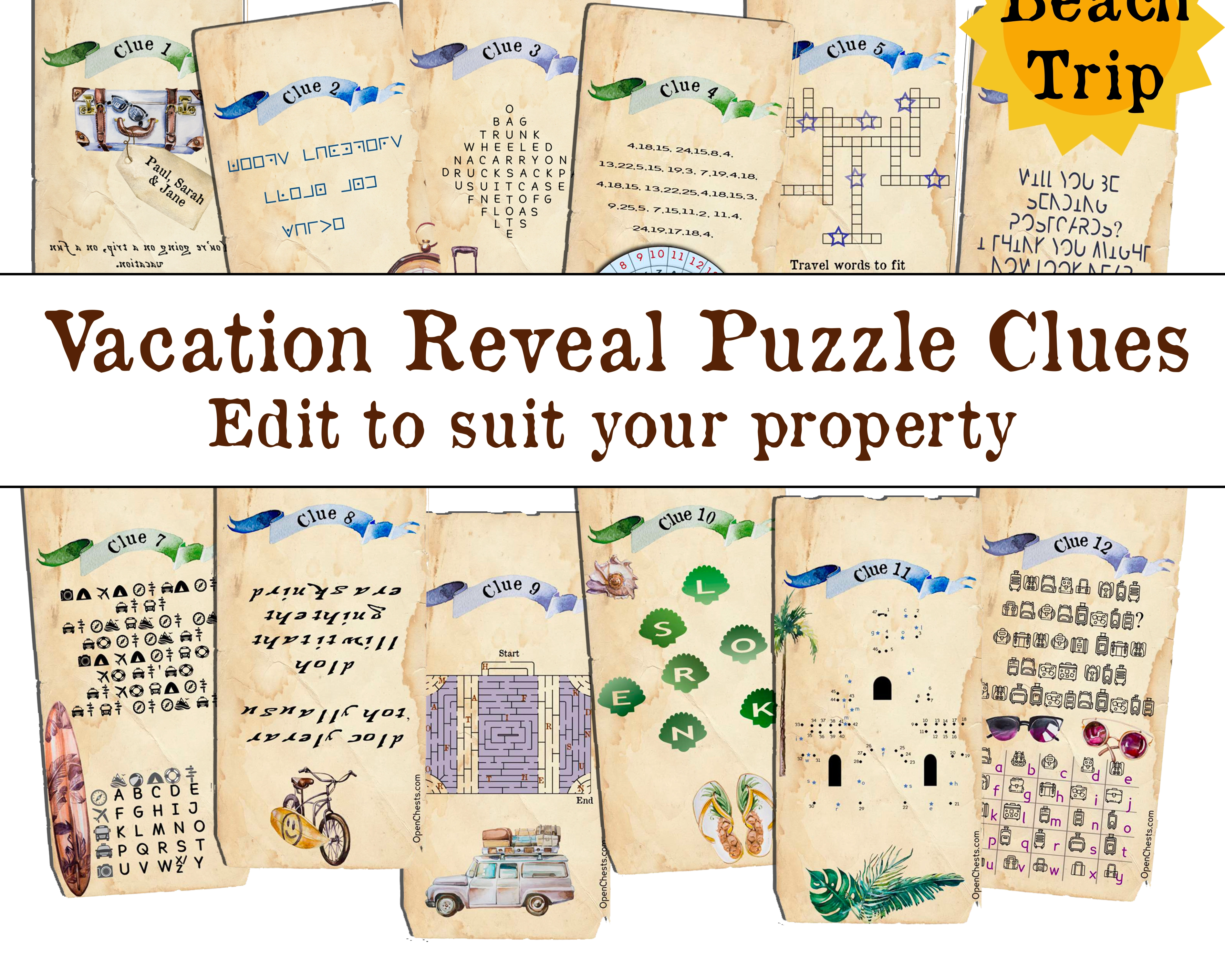 Surprise Beach Vacation Puzzle Clues | Editable Treasure Hunt - Open Chests