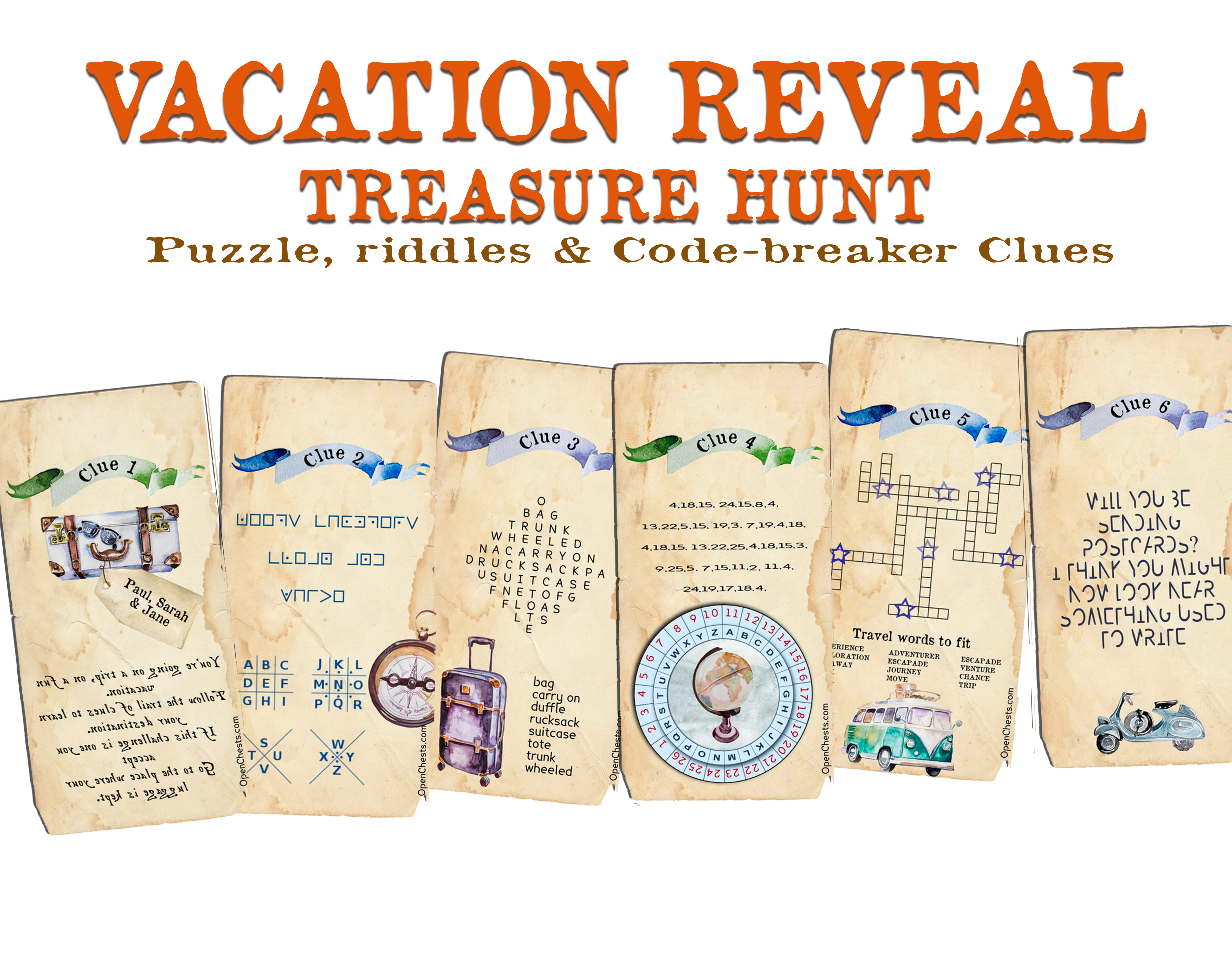 Surprise Beach Vacation Puzzle Clues | Editable Treasure Hunt - Open Chests