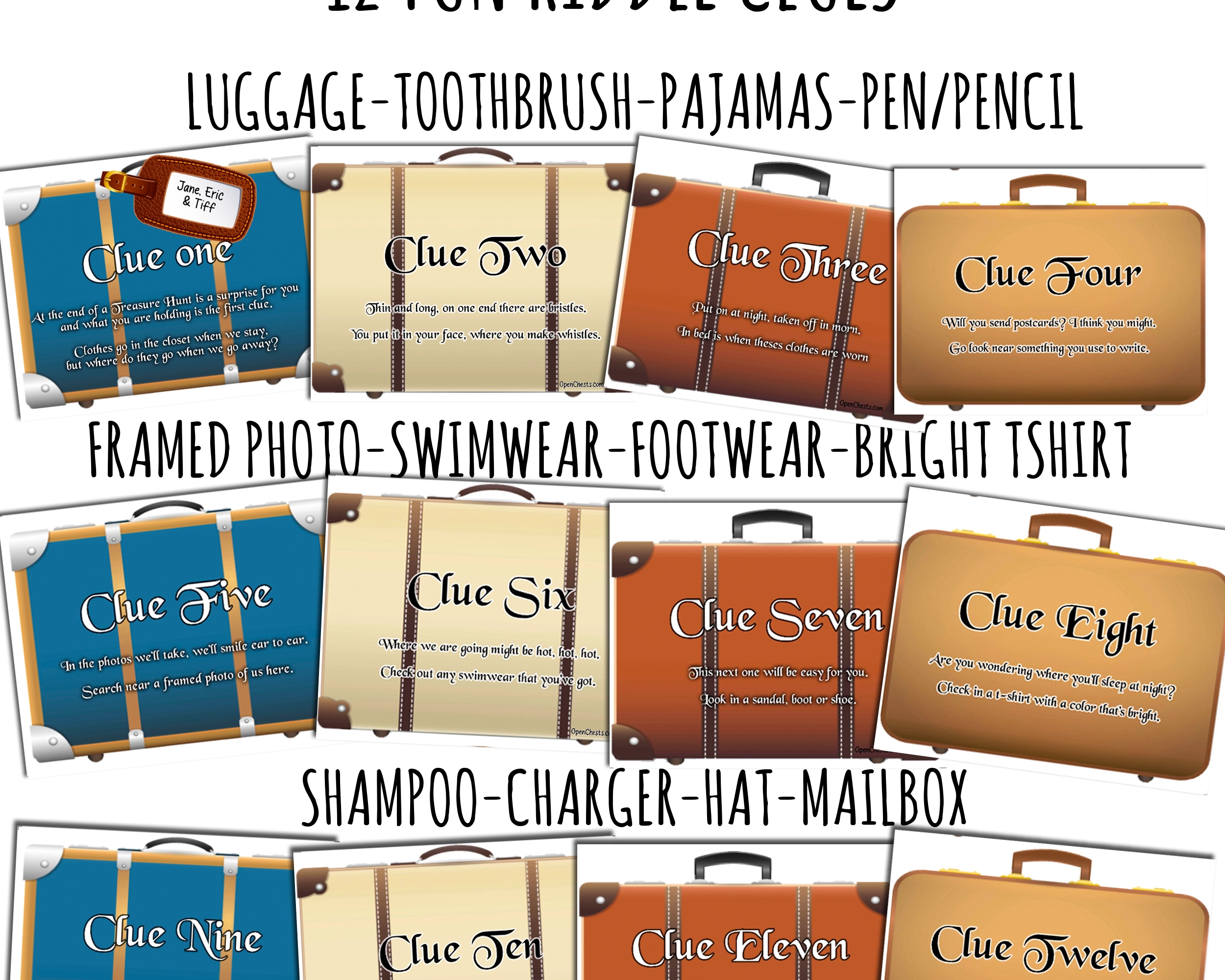 Fun Vacation Reveal Treasure Hunt Clues printable - Surprise Trip - Open Chests