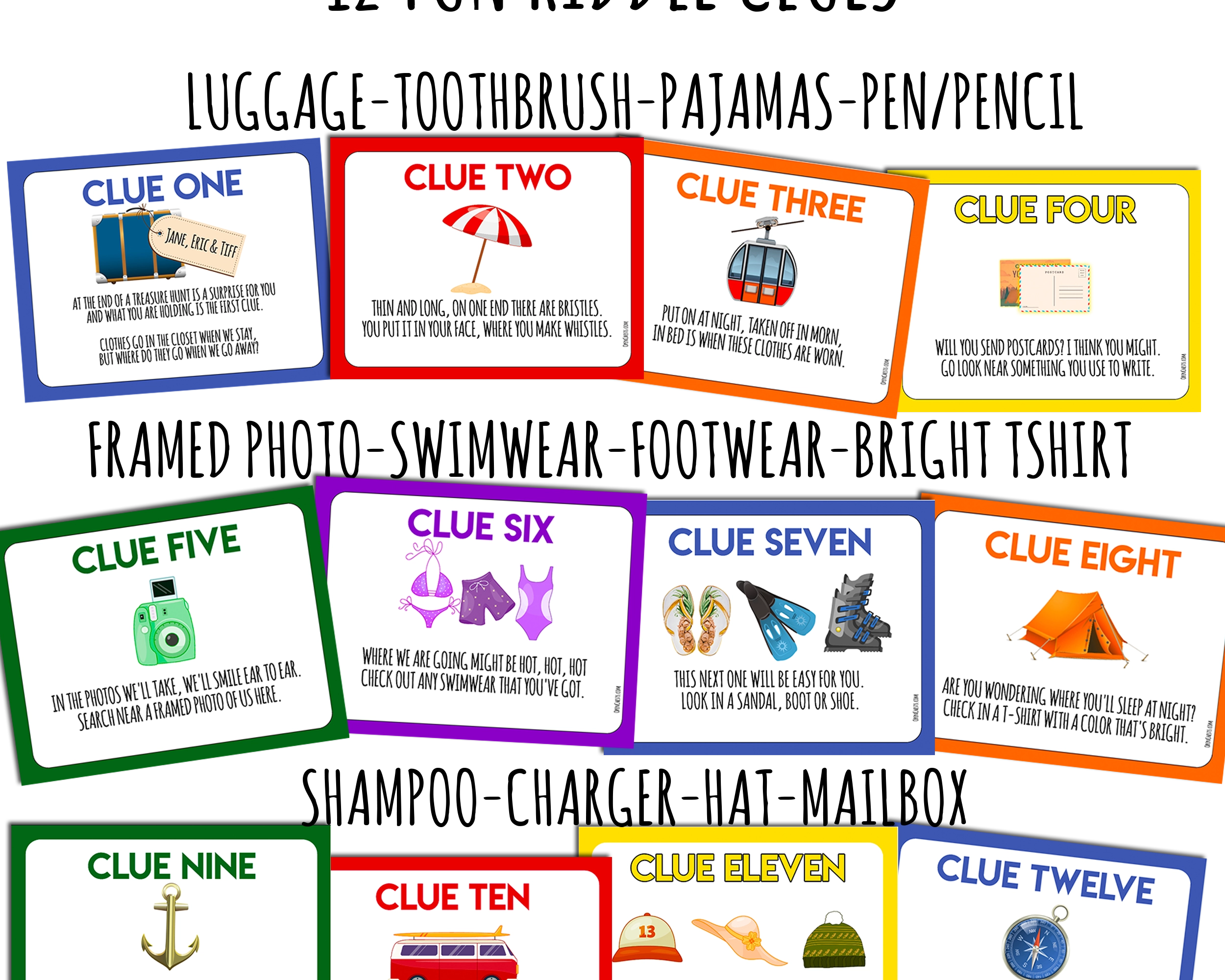 Fun Vacation Reveal Treasure Hunt Clues printable - Surprise Trip - Open Chests
