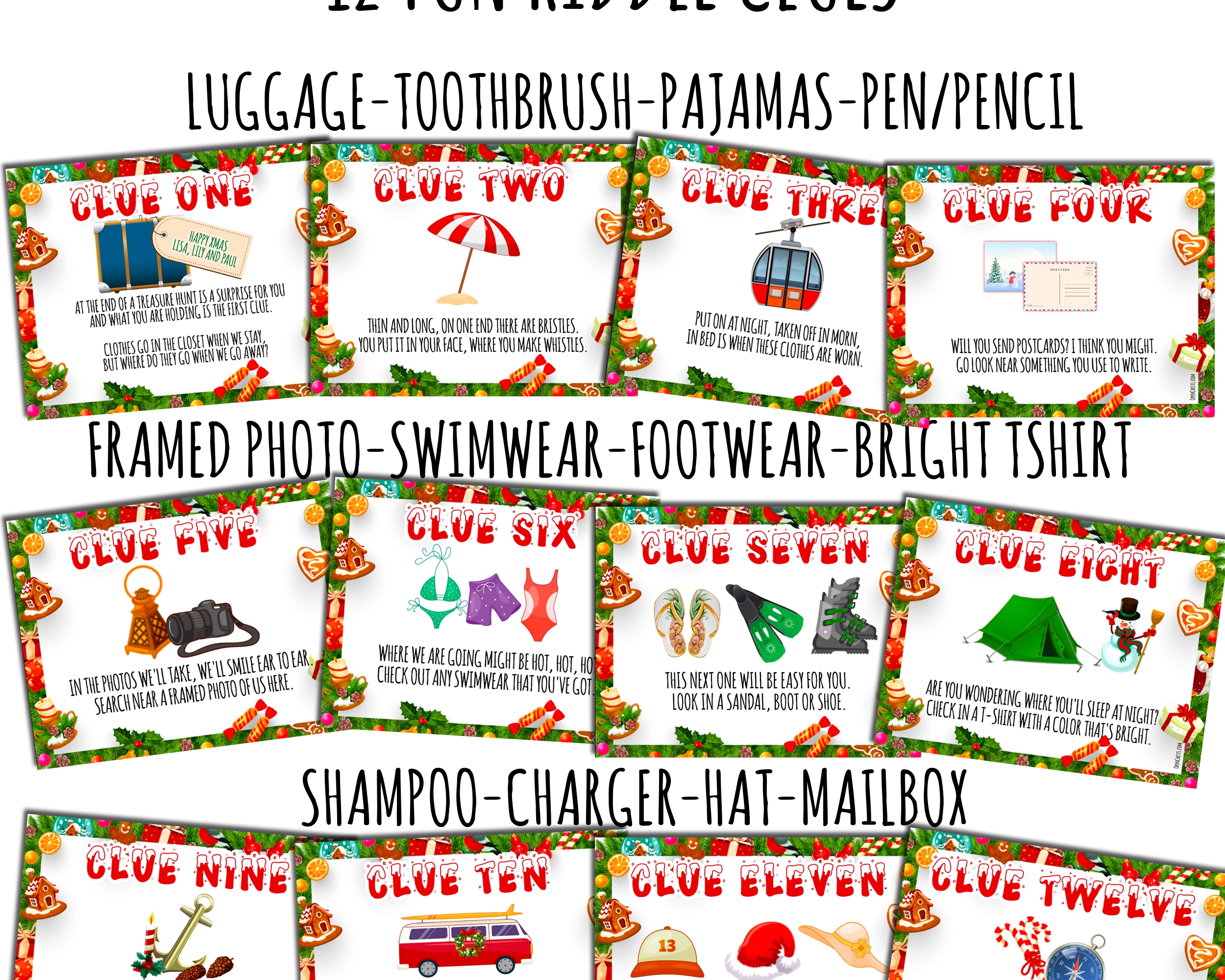 Xmas Themed Vacation Reveal Scavenger Hunt with riddle clues, secret message jigsaw and Treasure Map - Options to customise - Open Chests