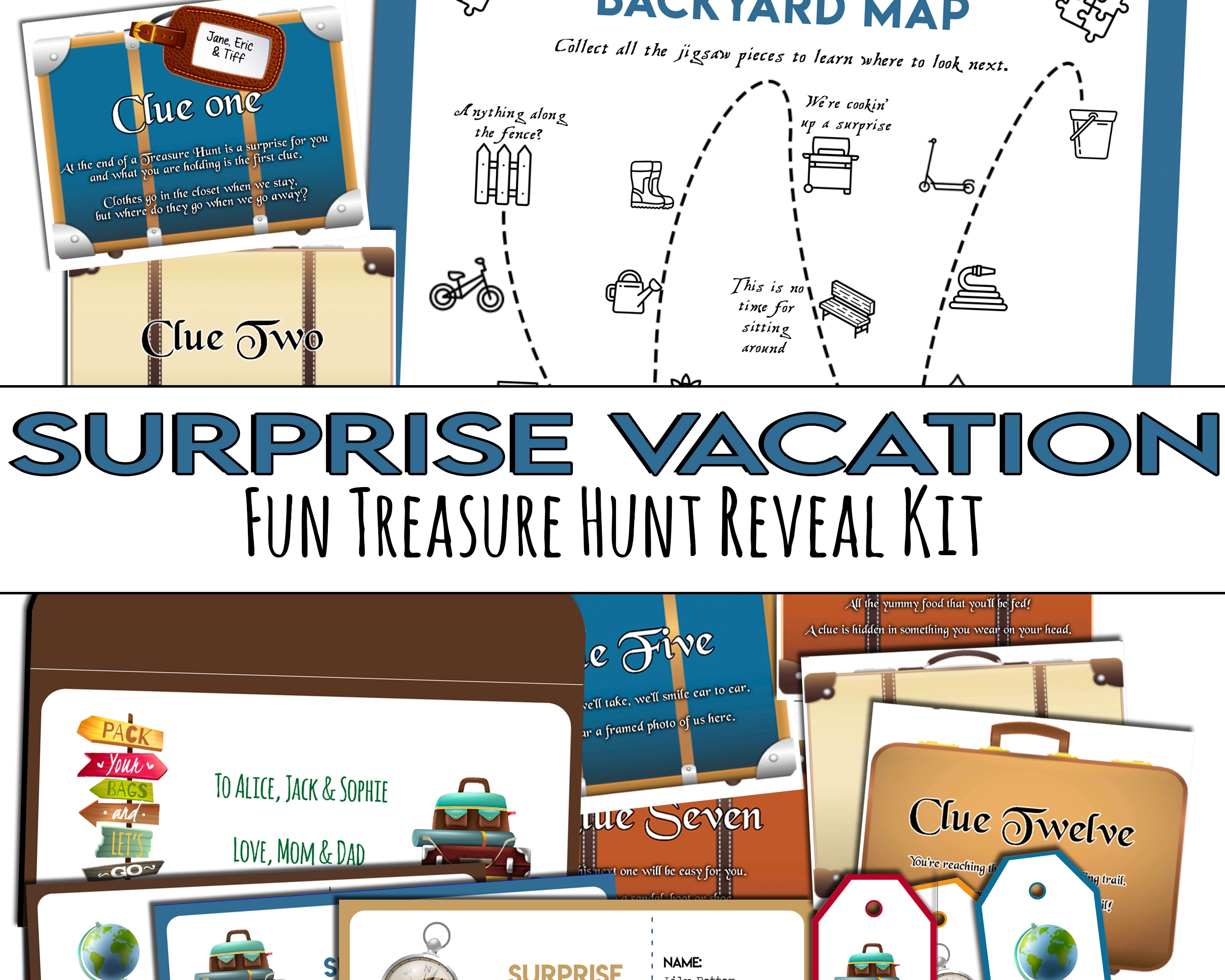 Fun Vacation Reveal Treasure Hunt Clues printable - Surprise Trip - Open Chests