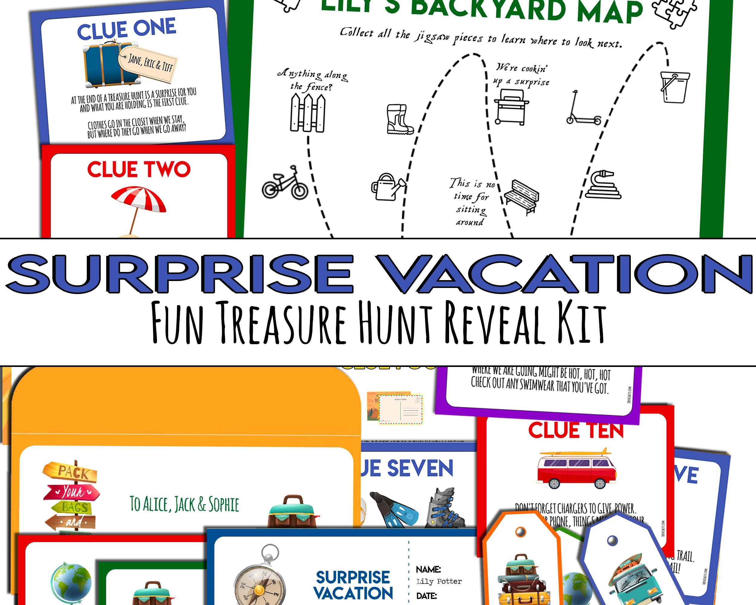 Fun Vacation Reveal Treasure Hunt Clues printable - Surprise Trip - Open Chests