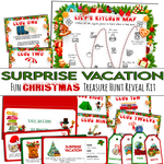 Xmas Themed Vacation Reveal Scavenger Hunt with riddle clues, secret message jigsaw and Treasure Map - Options to customise - Open Chests