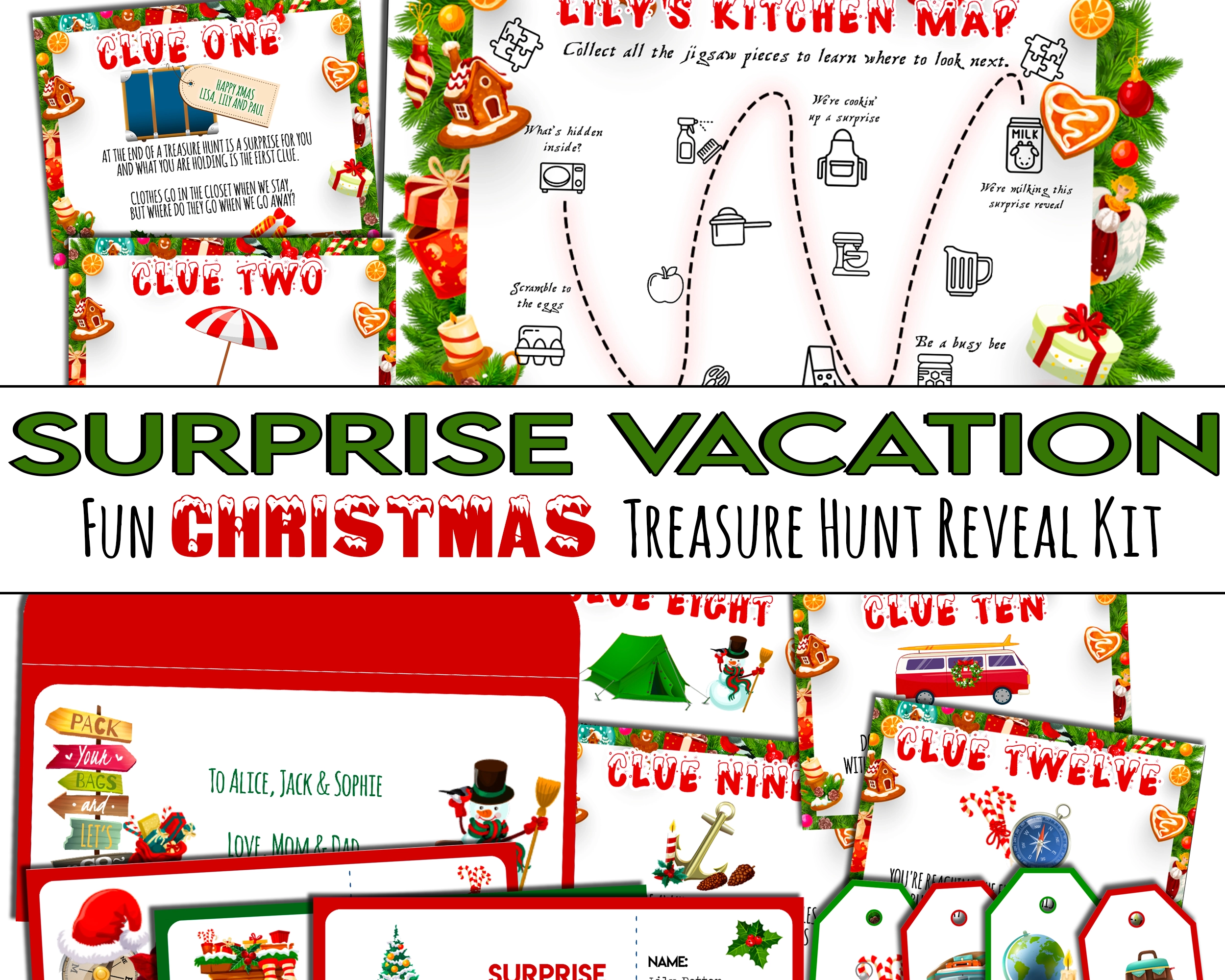 Xmas Themed Vacation Reveal Scavenger Hunt with riddle clues, secret message jigsaw and Treasure Map - Options to customise - Open Chests