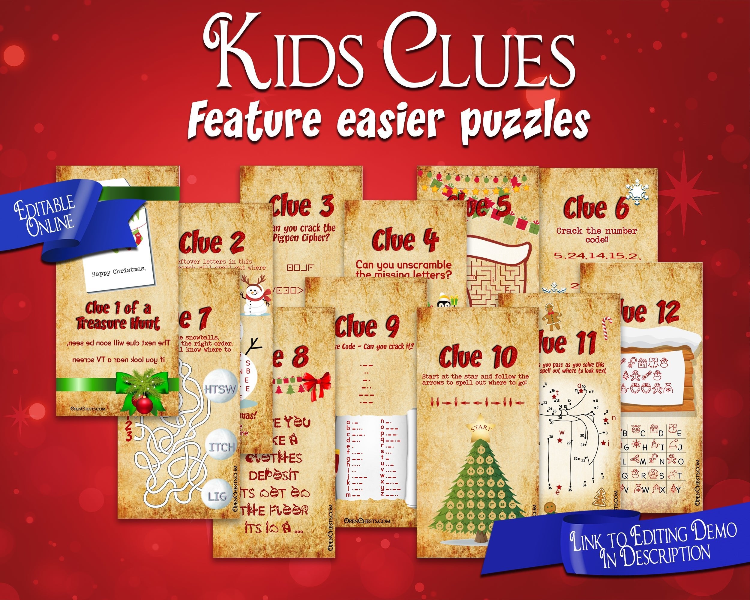 Christmas Treasure Hunt for teams | Editable Puzzle Clues - Open Chests