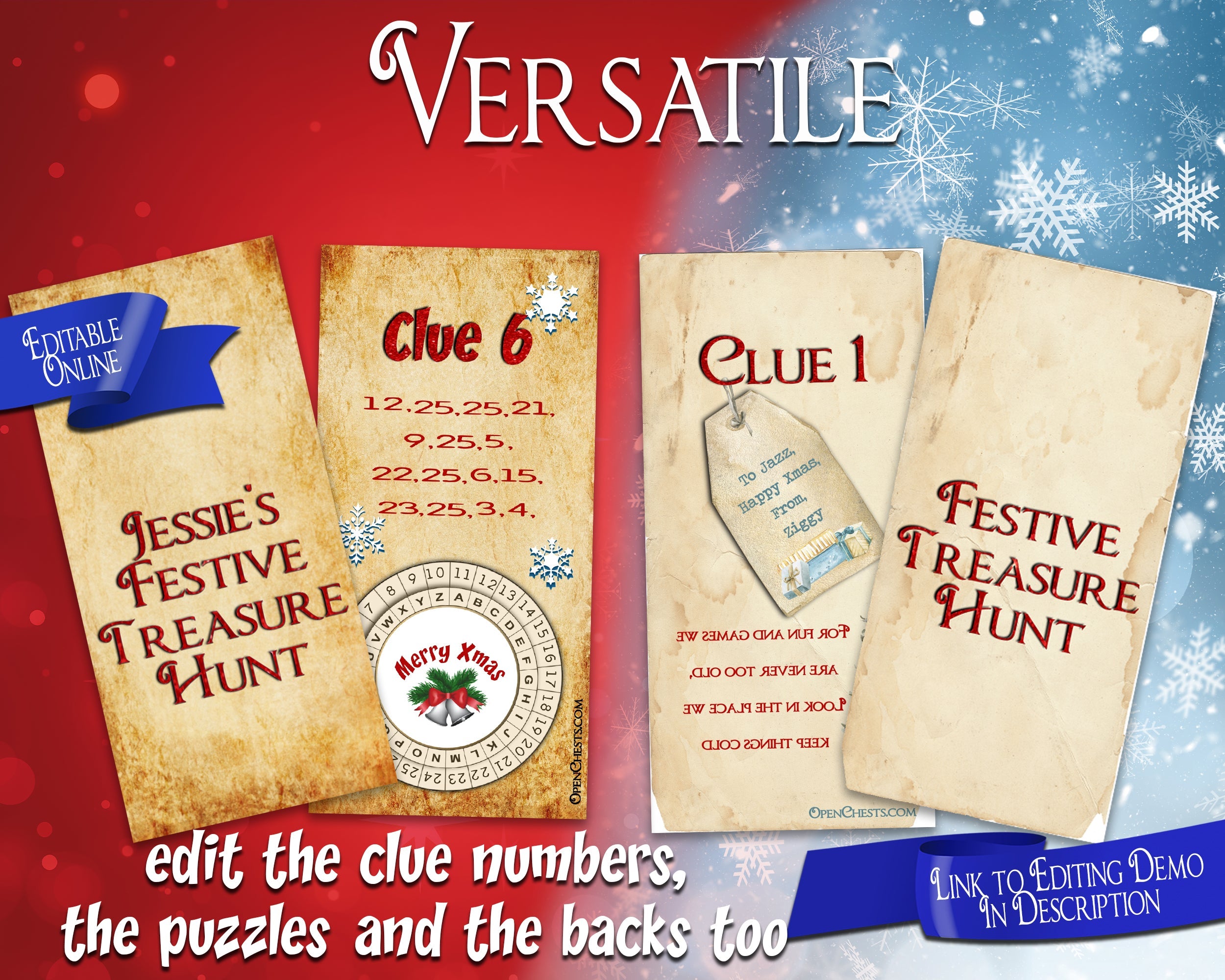 Christmas Treasure Hunt for teams | Editable Puzzle Clues - Open Chests