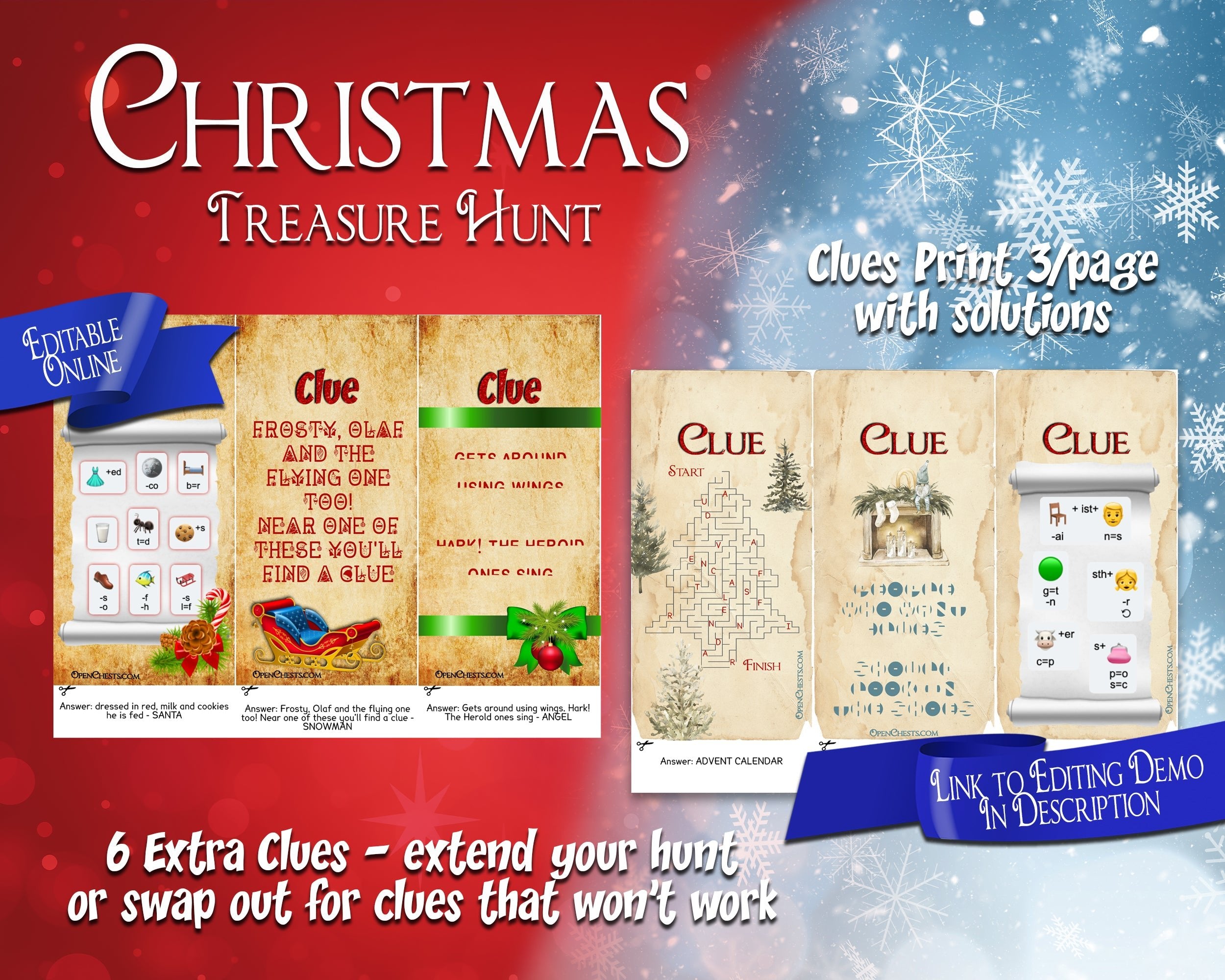 Christmas Treasure Hunt for teams | Editable Puzzle Clues - Open Chests