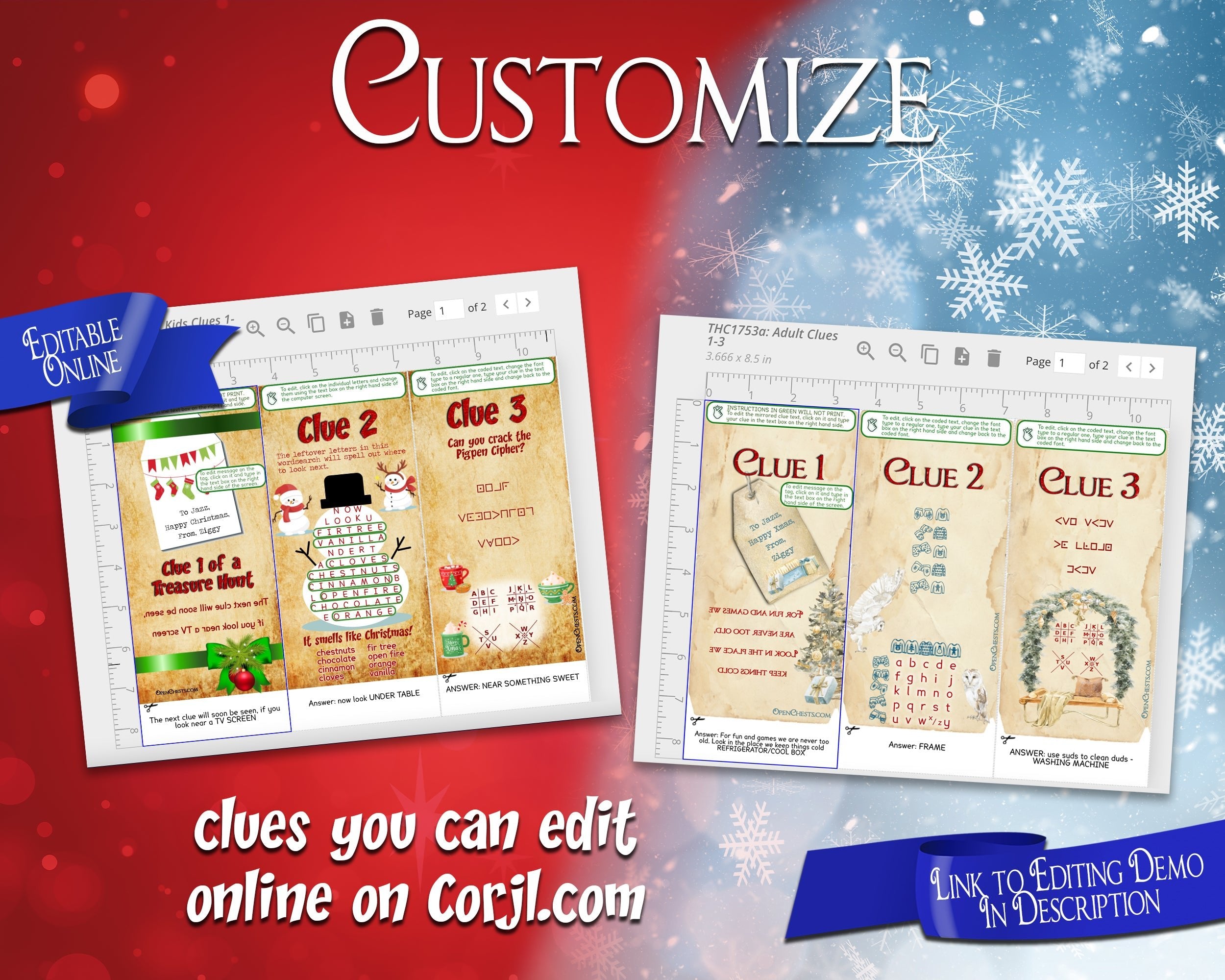 Christmas Treasure Hunt for teams | Editable Puzzle Clues - Open Chests
