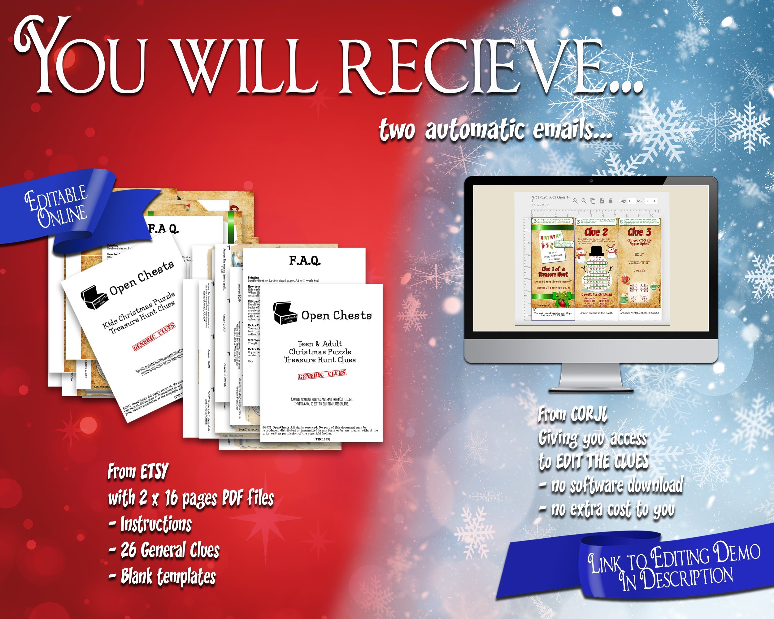 Christmas Treasure Hunt for teams | Editable Puzzle Clues - Open Chests