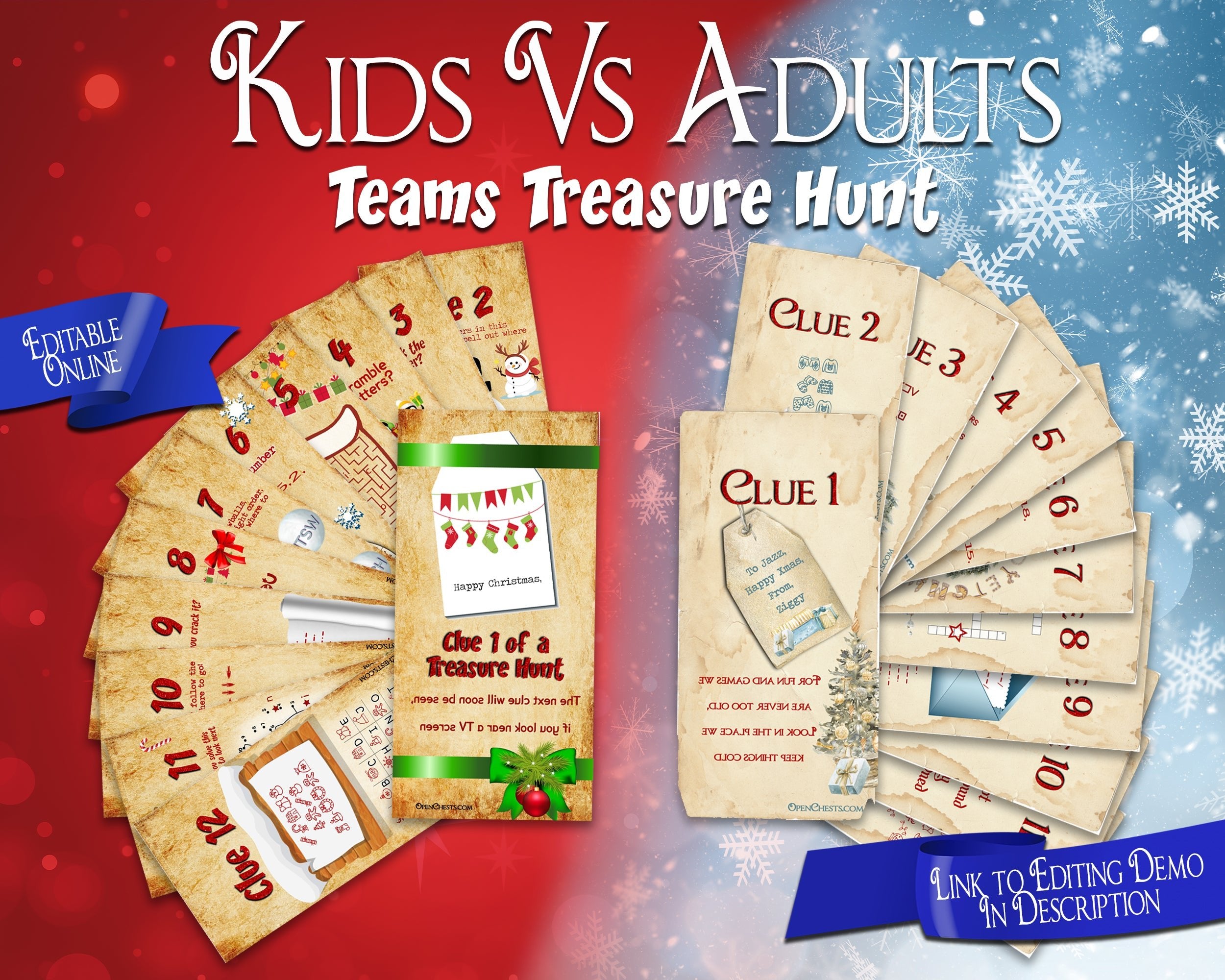 Christmas Treasure Hunt for teams | Editable Puzzle Clues - Open Chests