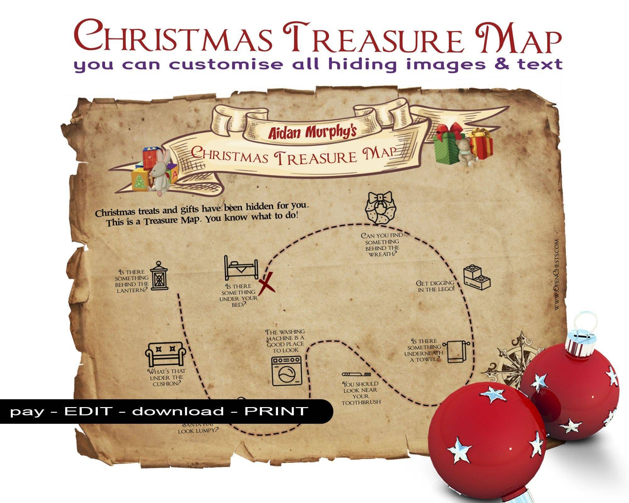 Christmas Treasure Hunt Map - Customisable - Indoor and Outdoor - Open Chests