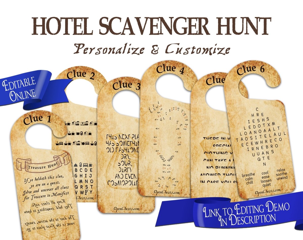 Hotel Treasure Hunt for teenagers and adults | Scavenger Hunt Clues Party Game | Wedding & Vacation Printable Activity - Open Chests