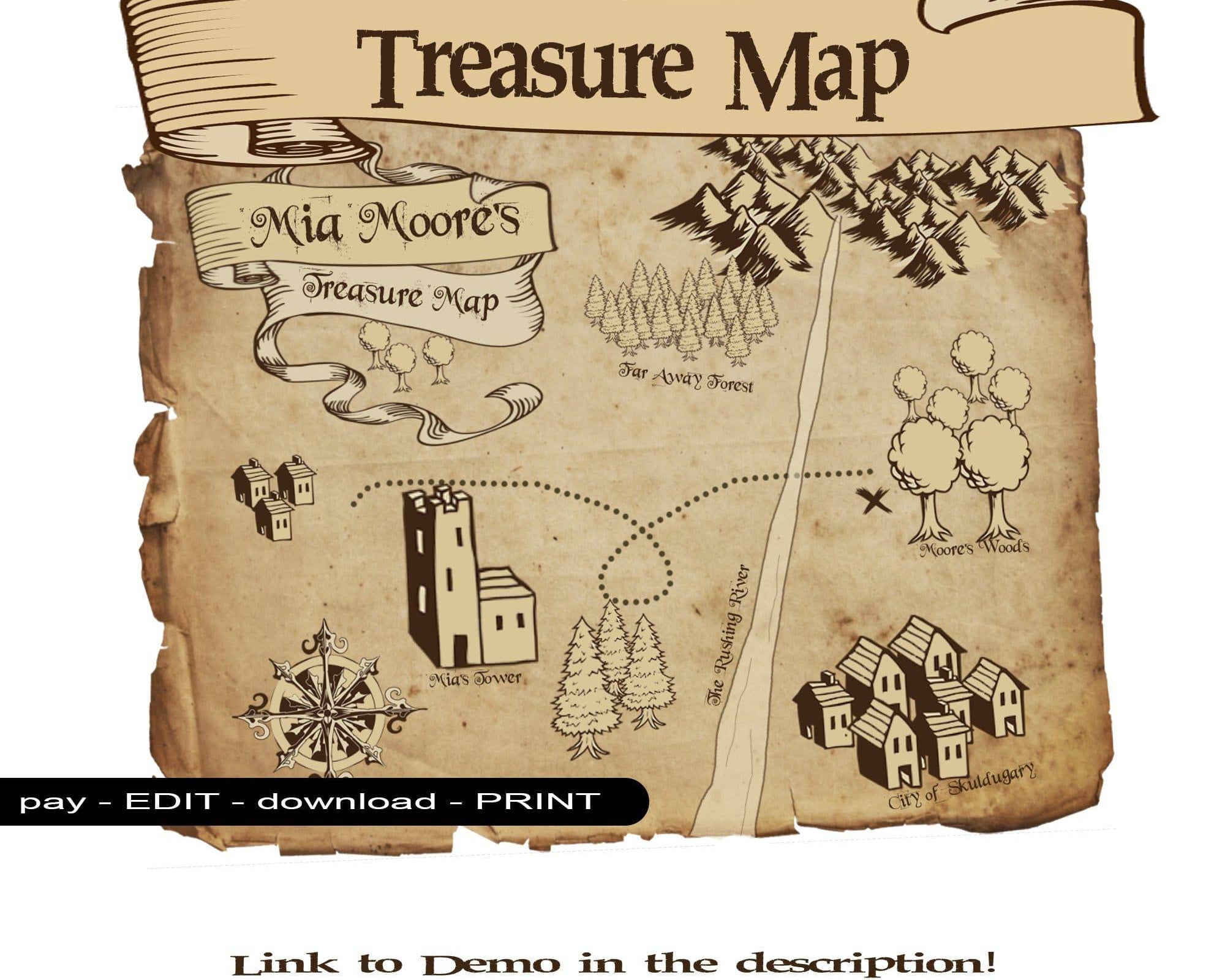 Kid's Treasure Map Printable PDF - Customisable download - Open Chests