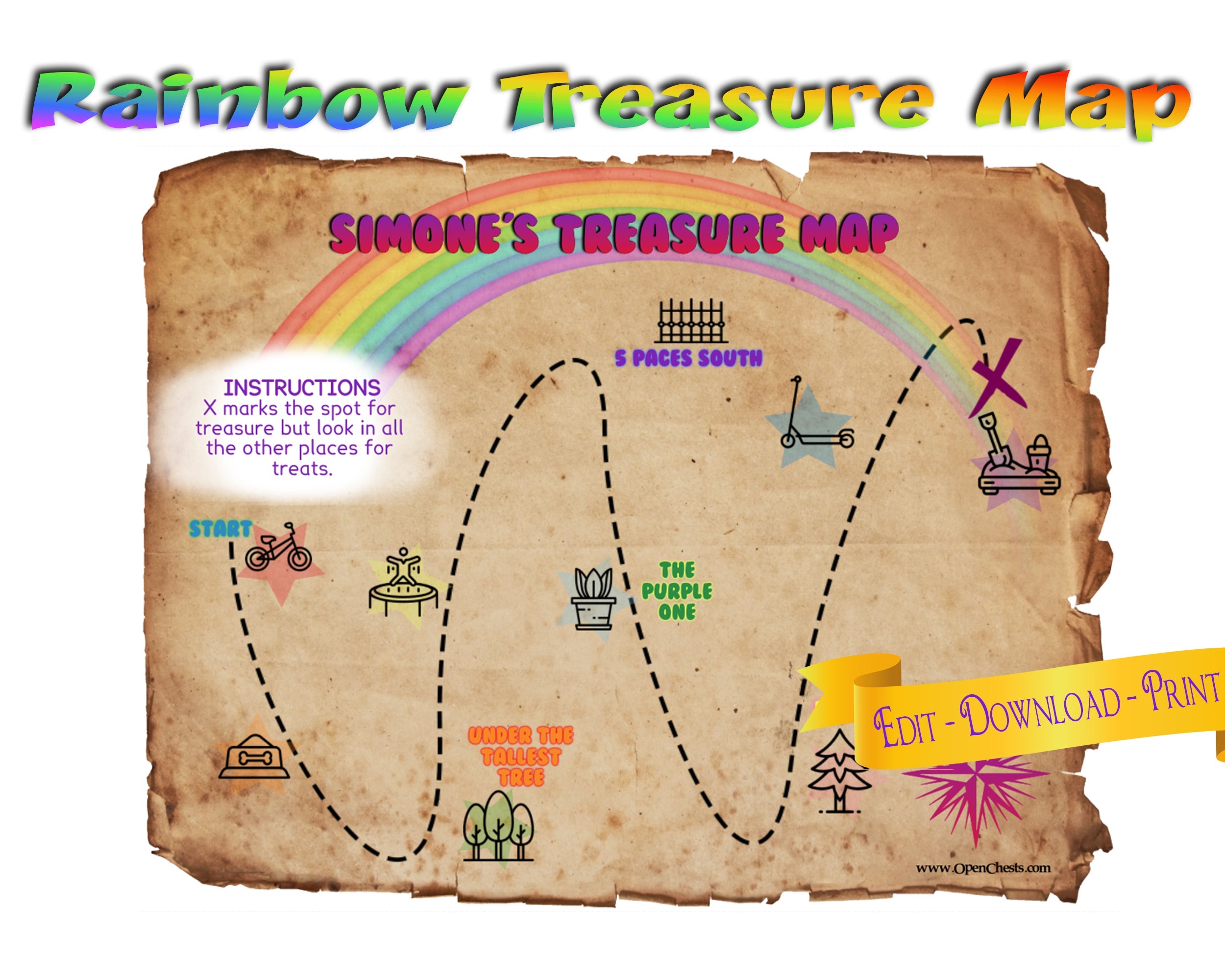 Rainbow Treasure Hunt Map PDF Printable - Personalize and Customize today - Open Chests