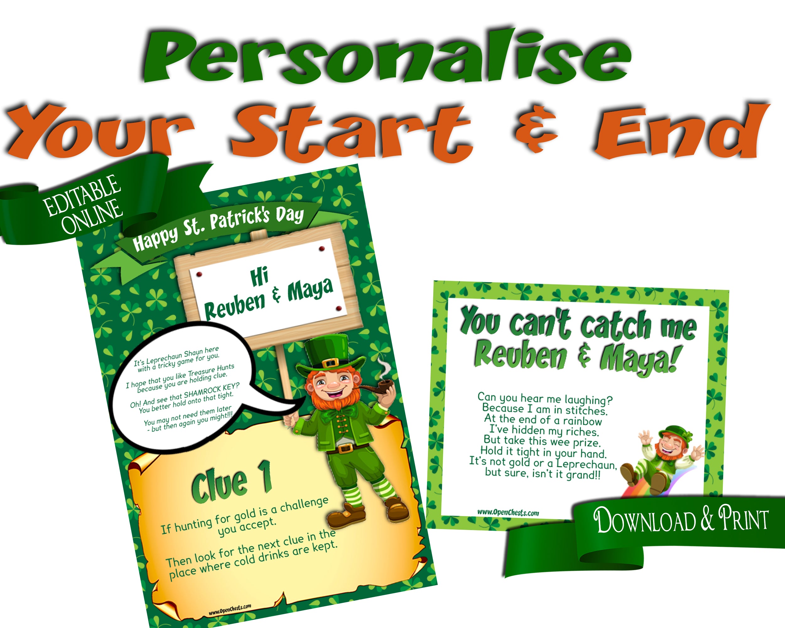 St Patrick's Day Game. Leprechaun Treasure Hunt - Open Chests