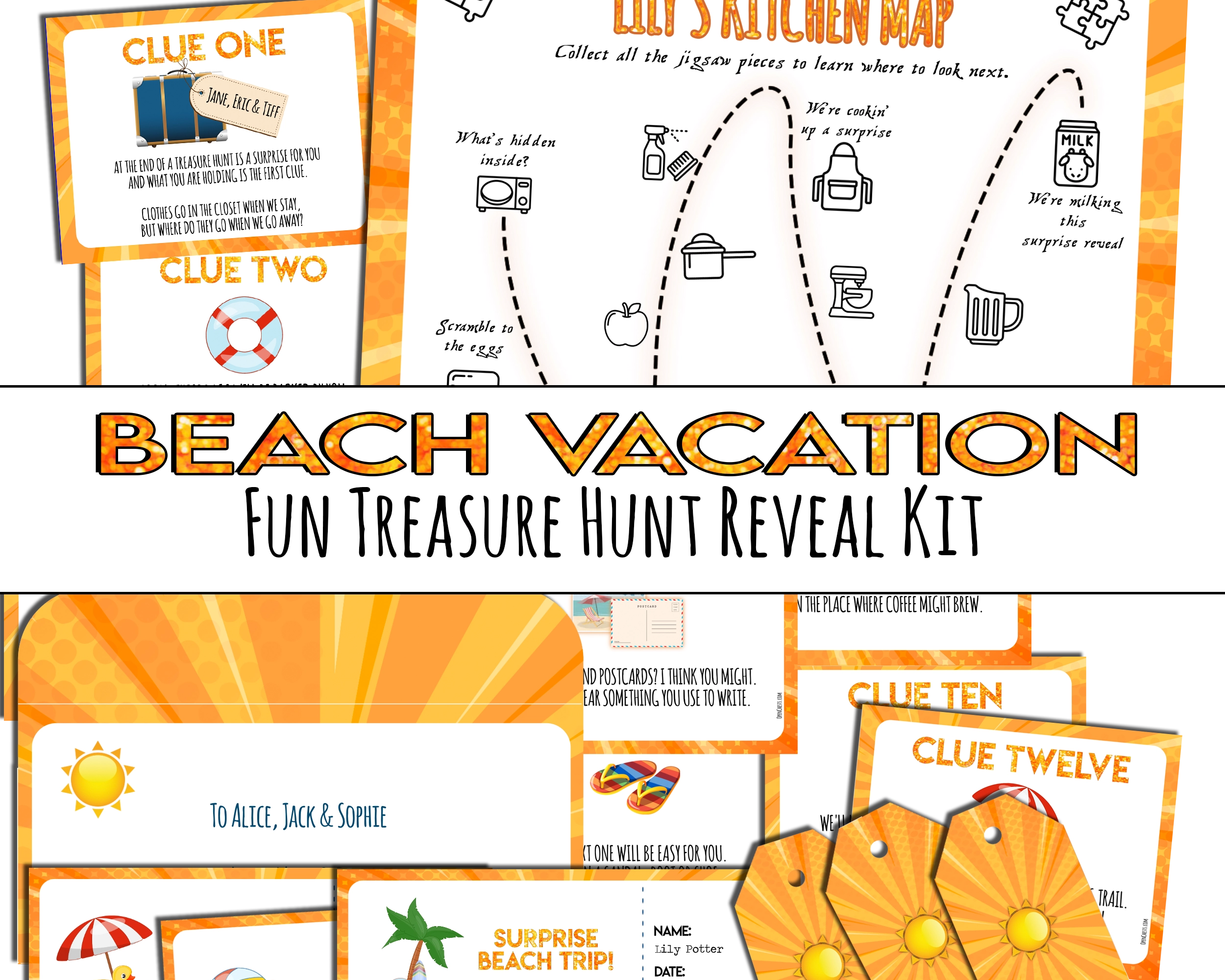 Surprise Sun Vacation Reveal Treasure Hunt Clues printable - Surprise beach trip - Open Chests