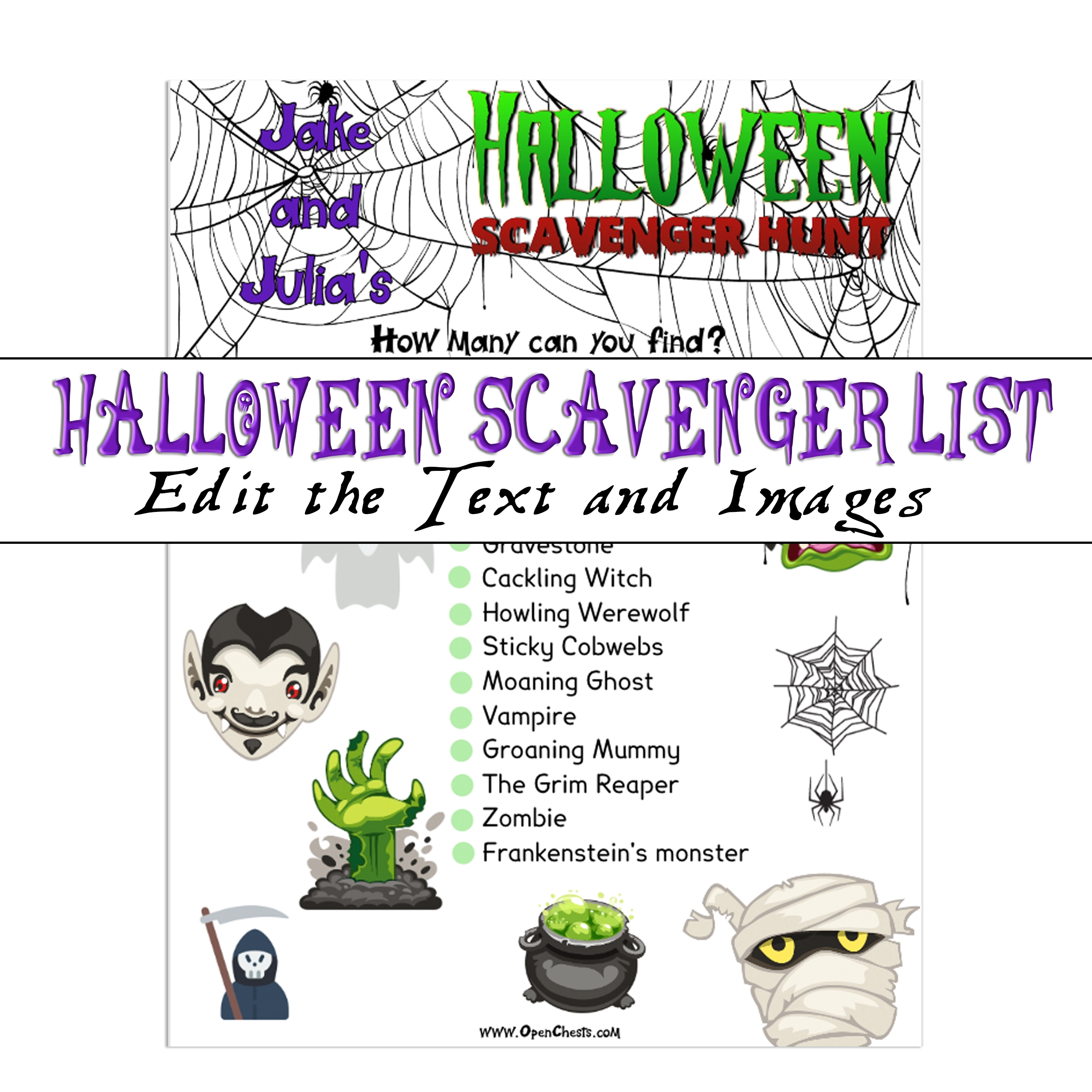 Editable Halloween Scavenger Hunt List - Game for younger kids - Open Chests