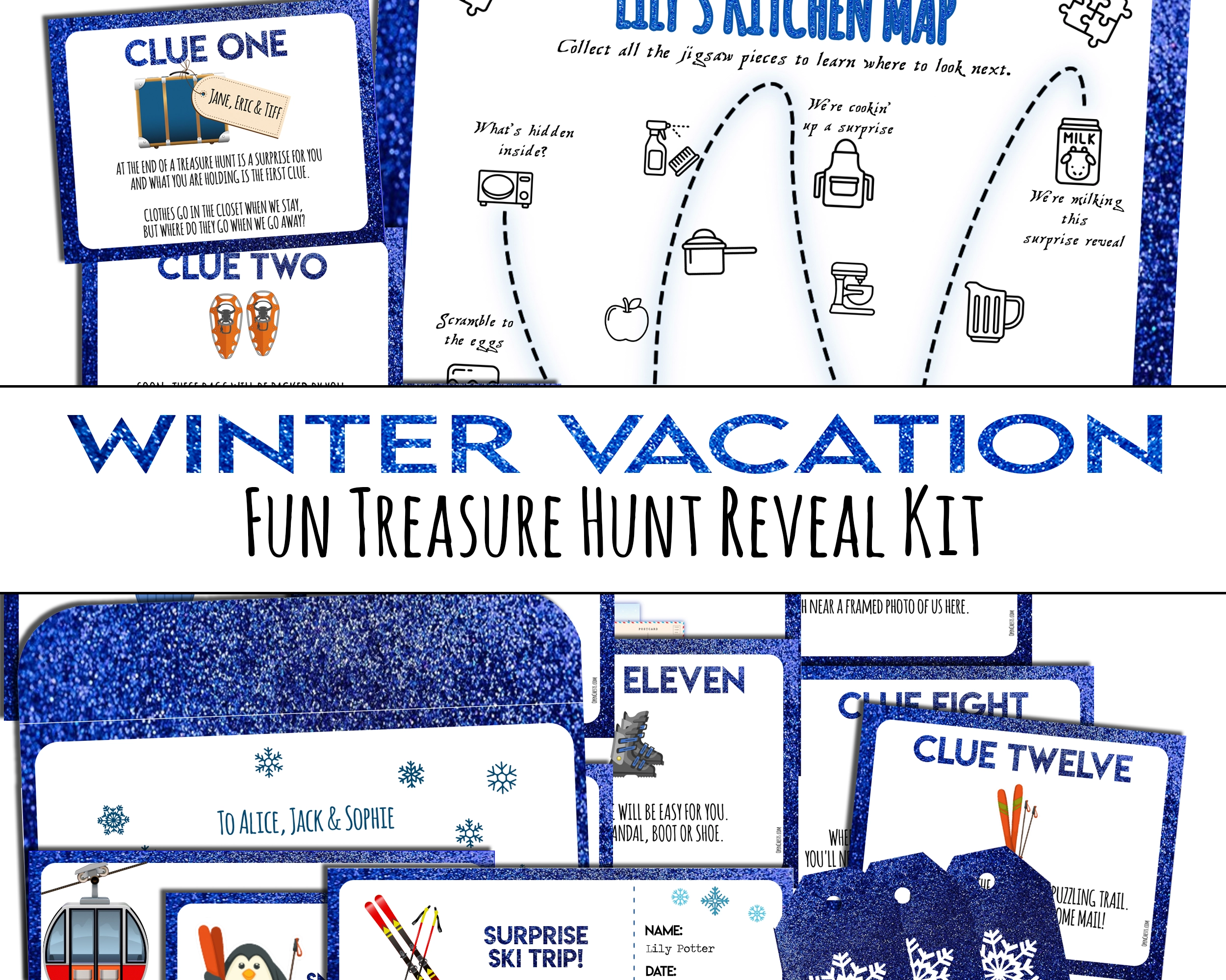 Surprise Winter Vacation - skiing trip or snowboarding - Treasure Hunt Clues - Open Chests