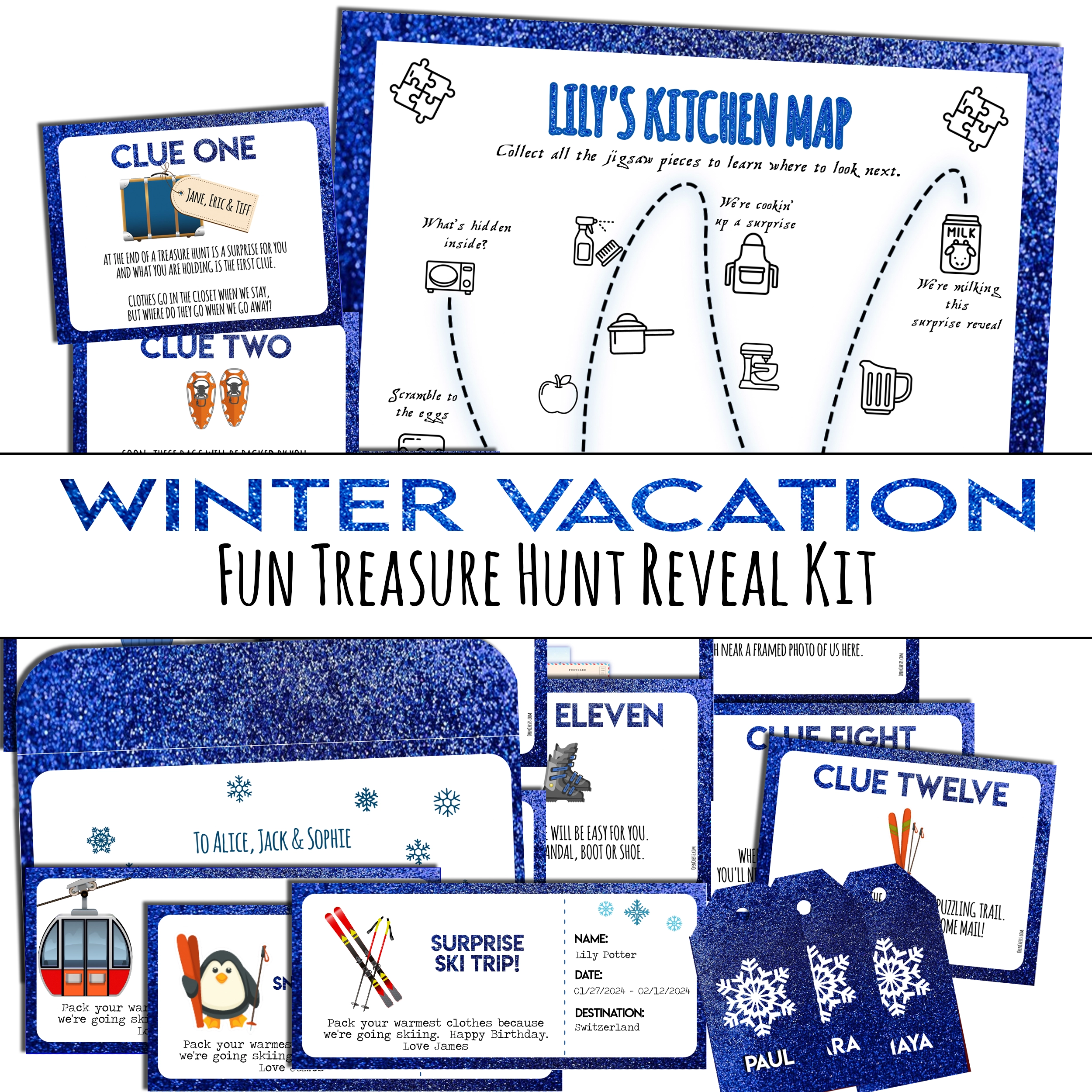 Surprise Winter Vacation - skiing trip or snowboarding - Treasure Hunt Clues - Open Chests