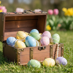 a photo of a treasure chest filled with easter eggs