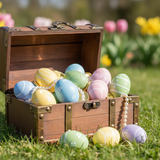 a photo of a treasure chest filled with easter eggs
