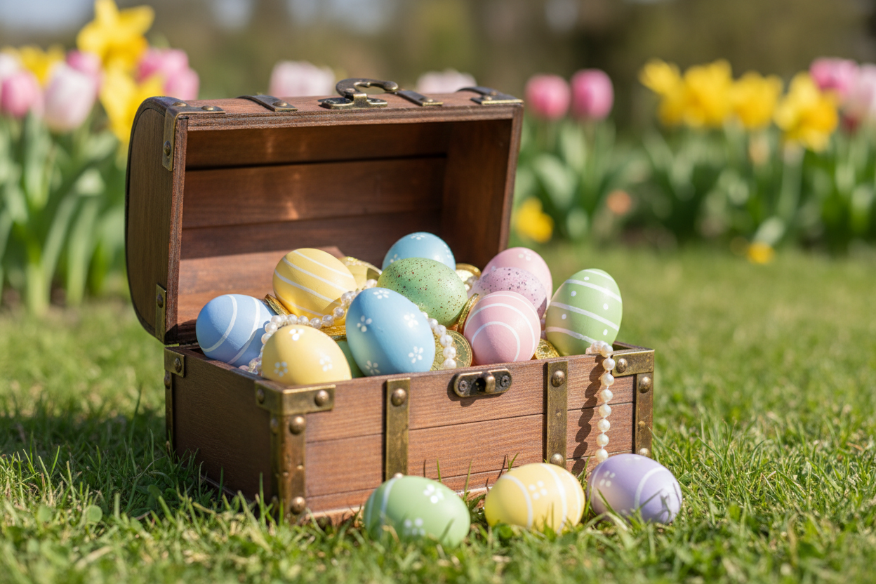 a photo of a treasure chest filled with easter eggs