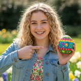 a teen smiling and pointing at an easter egg in their other hand