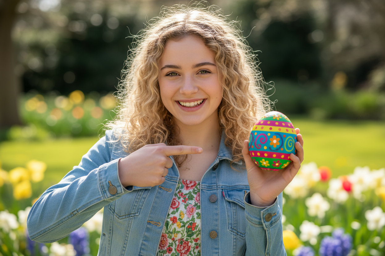 a teen smiling and pointing at an easter egg in their other hand
