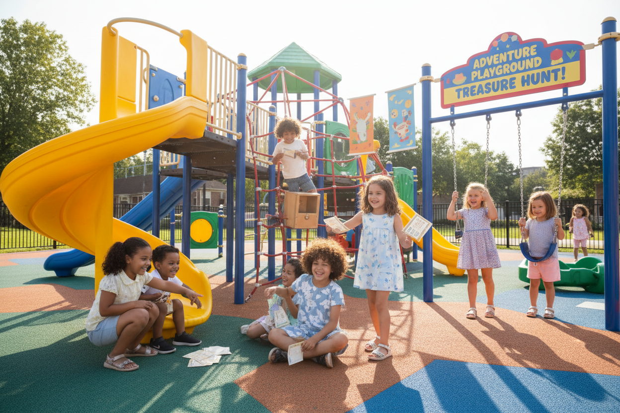 another image of kids looking for clues in a playground