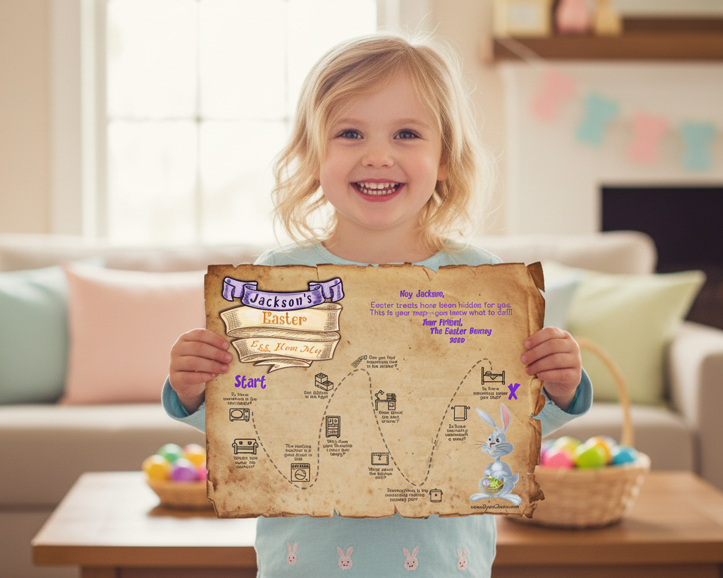 Child holding indoor Easter map