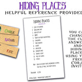 A promotional graphic for a printable game card set titled 'Hiding Places' with the subtitle 'Helpful Reference Provided.' The image shows a sample card listing clues and hidden places, plus three illustrated name tags labeled Charlie, Nathan, and Kate.