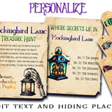 Personalized treasure hunt cards and tags for 'Mockingbird Lane' featuring customizable text and a lantern illustration, shown on a white background with the headline 'PERSONALIZE'.