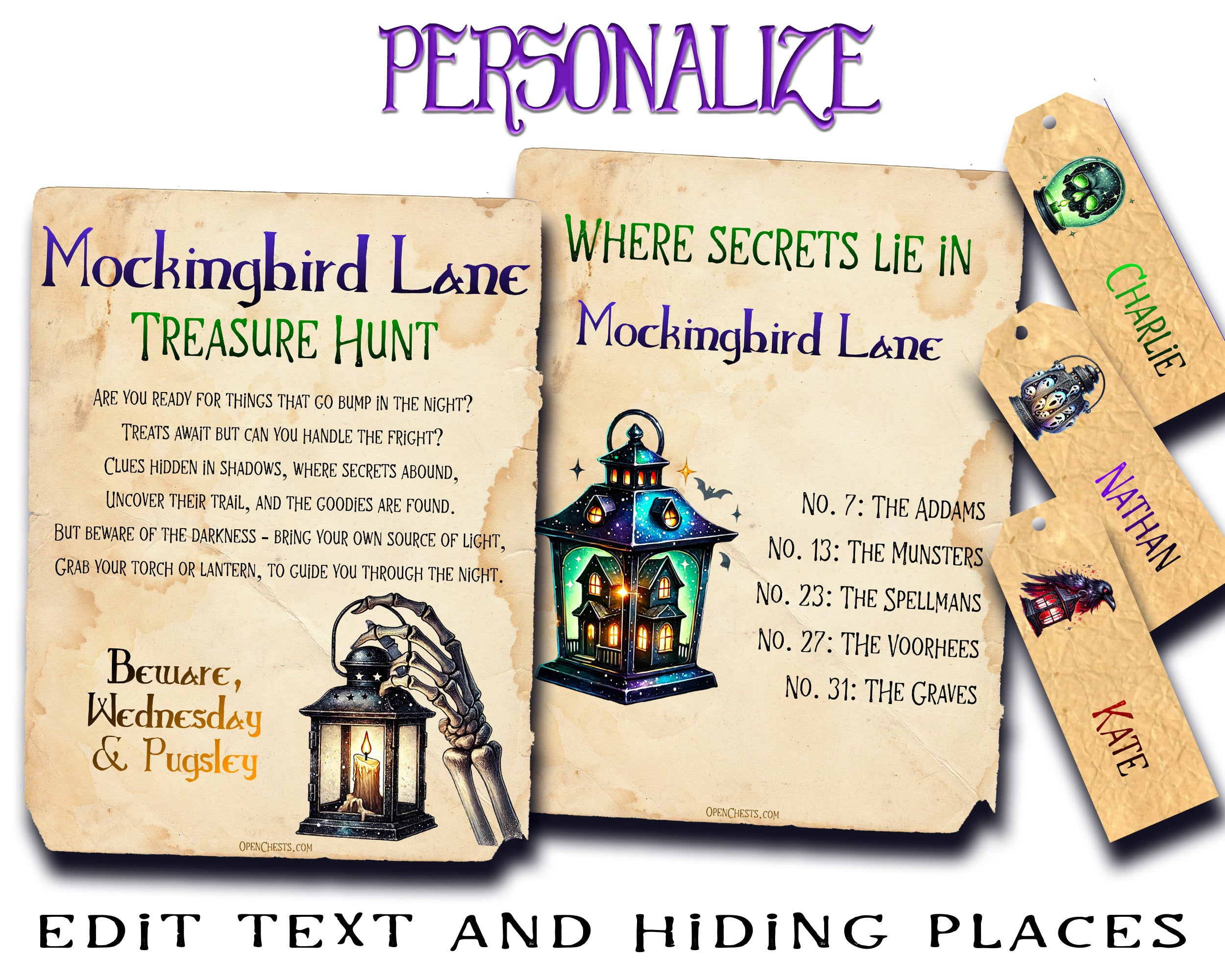 Personalized treasure hunt cards and tags for 'Mockingbird Lane' featuring customizable text and a lantern illustration, shown on a white background with the headline 'PERSONALIZE'.