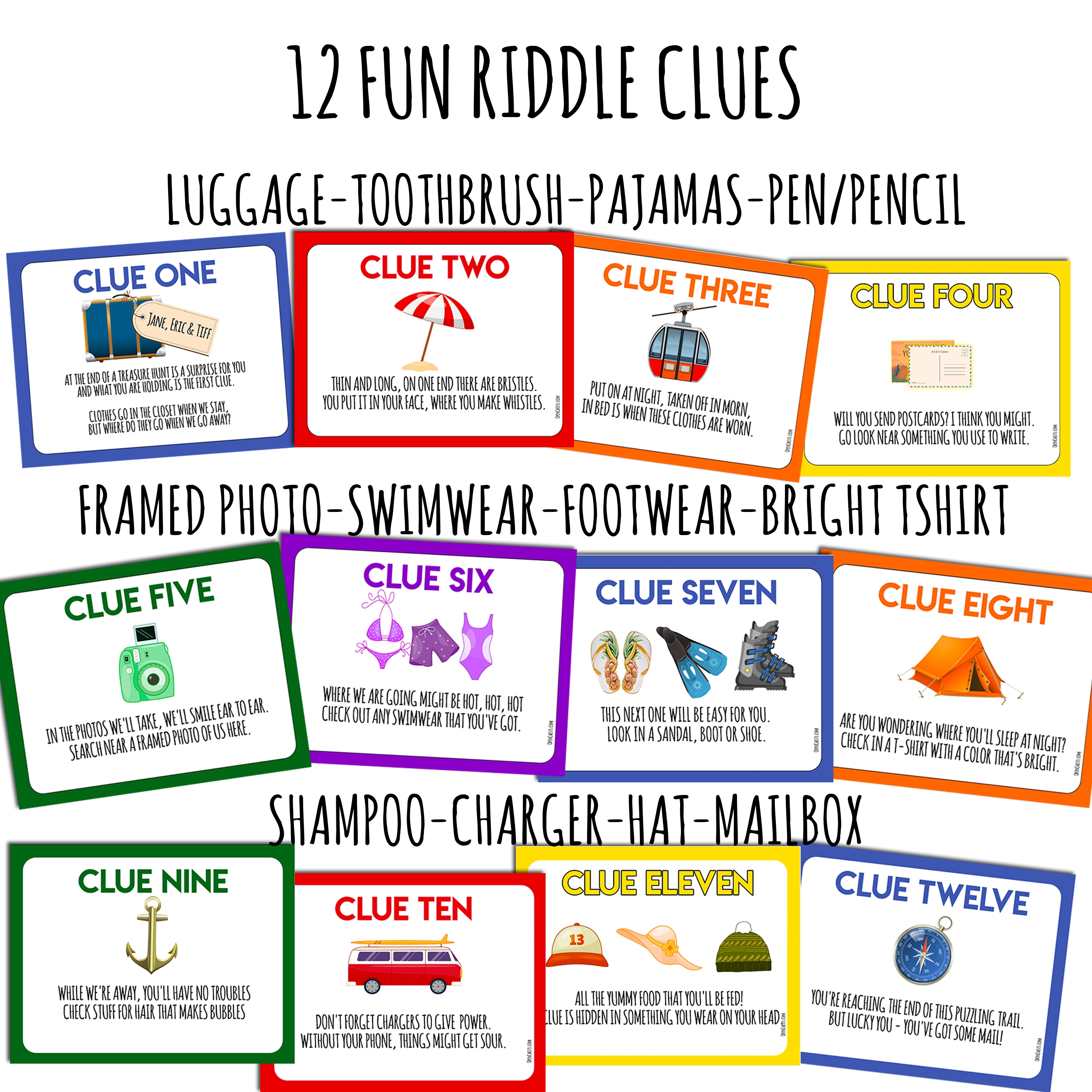 Fun Vacation Reveal Treasure Hunt Clues printable - Surprise Trip - Open Chests