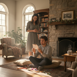 great but man is holding the clue.  the woman set it up.  no lights on fireplace