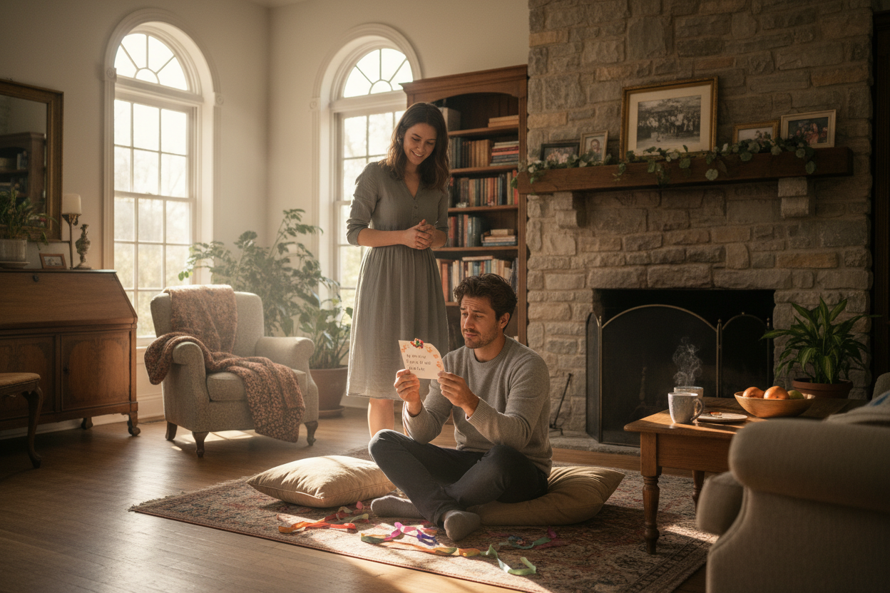 great but man is holding the clue.  the woman set it up.  no lights on fireplace