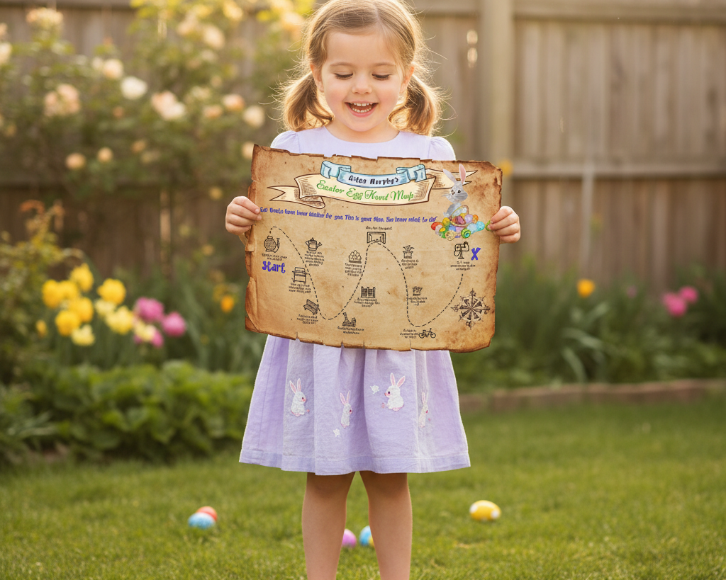 Happy child holding the Easter treasure map