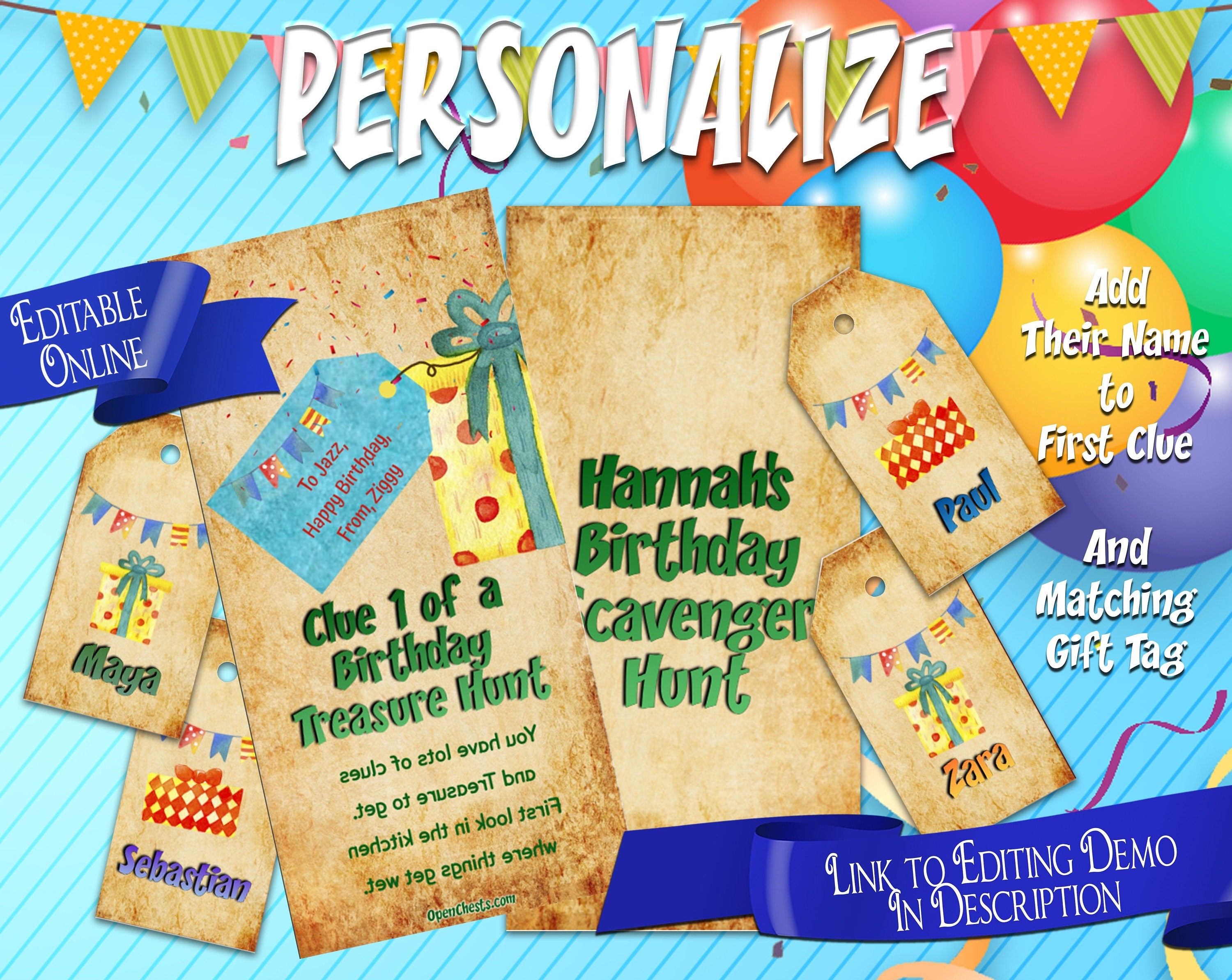 Editable Birthday Treasure Hunt Clues for older Kids | Scavenger Hunt Clues Party Game | Indoor Activity, Puzzle Games