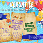shows how versatile the editable birthday treasure hunt clues are. you can change the puzzle answers, use special code-break fonts to have different hiding places, change the writing on the back of the clues