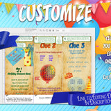 The screen shot shows how the birthday treasure hunt clues look when they are editable and can be customized online on Corjl.com.