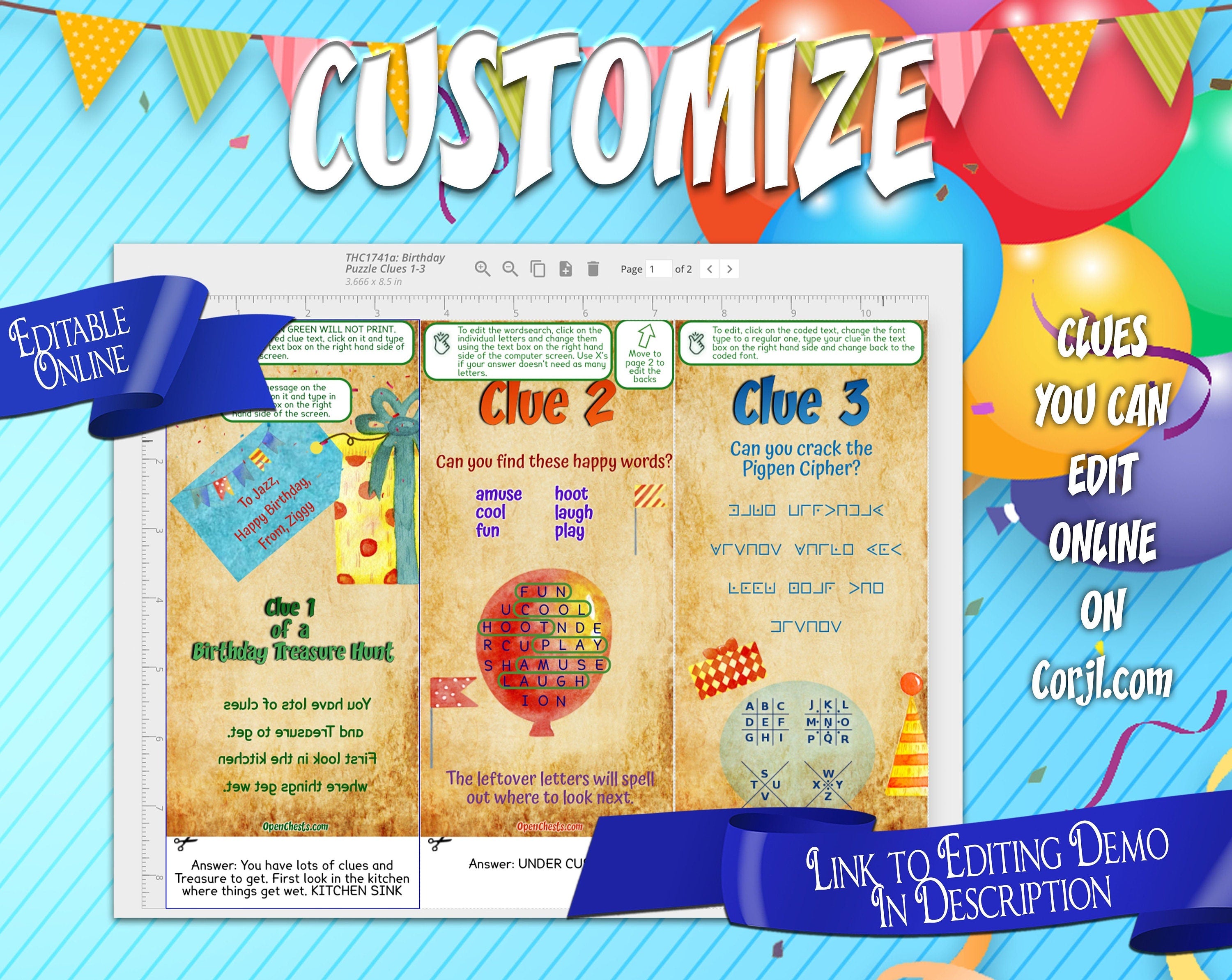 The screen shot shows how the birthday treasure hunt clues look when they are editable and can be customized online on Corjl.com.