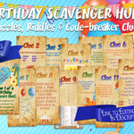 Puzzle Treasure Hunt clues for Birthday gifts or party games. editable templates. there is a link to the editing demo in the written description