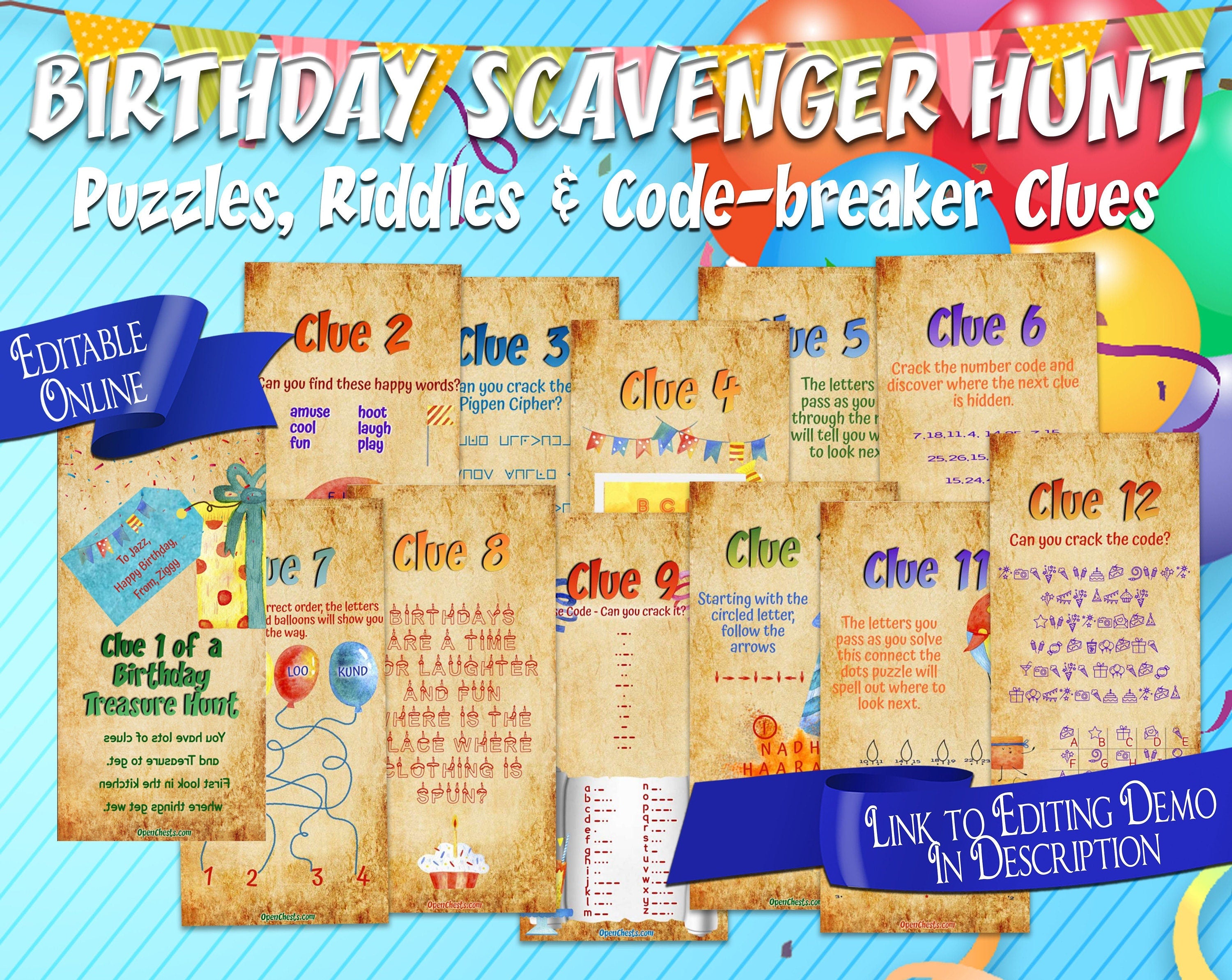 Puzzle Treasure Hunt clues for Birthday gifts or party games. editable templates. there is a link to the editing demo in the written description