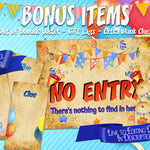 Blank Birthday Treasure Hunt clues, matching gift tags and an out of bounds poster are included in the set