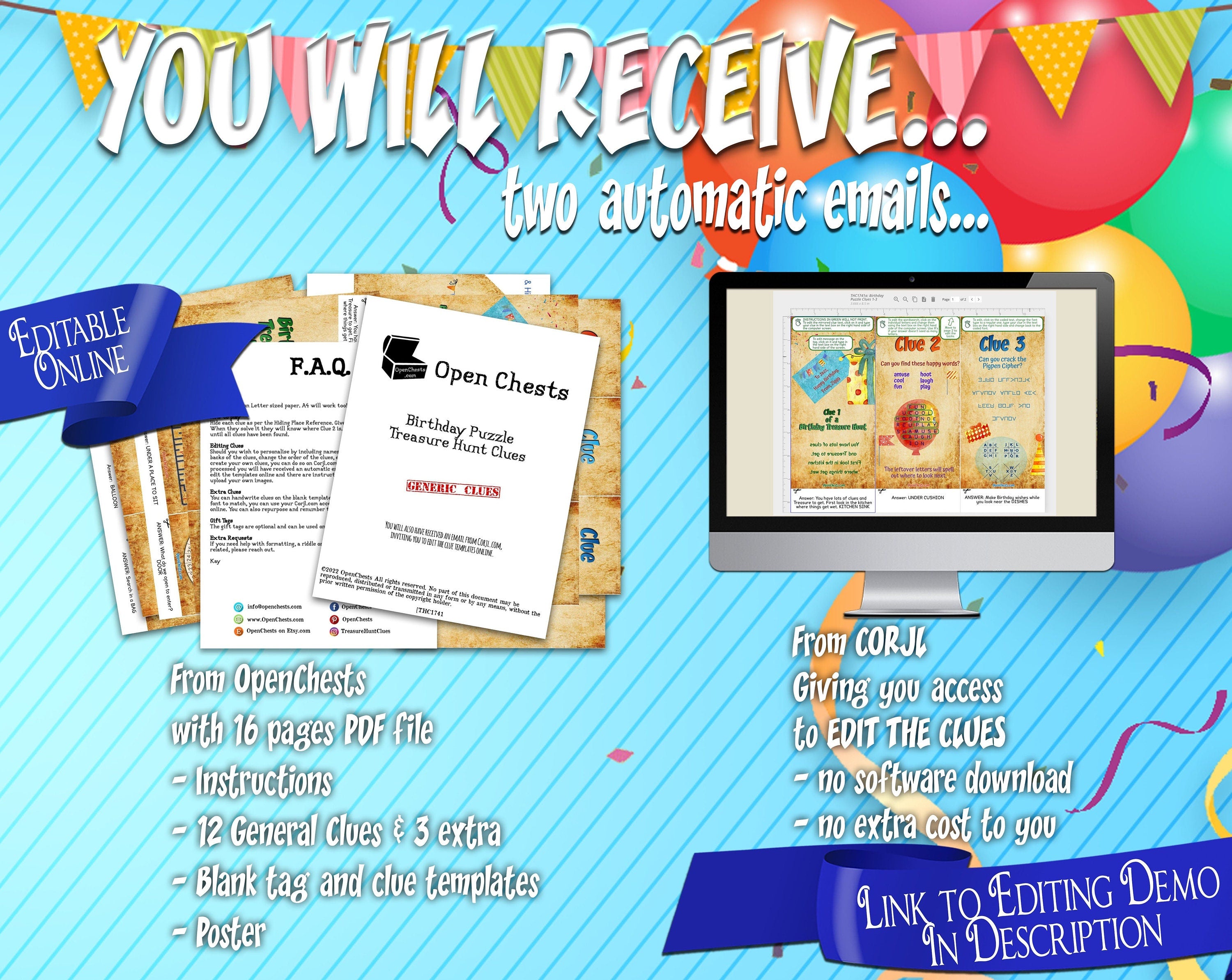 This shows that you will receive 2 automatic emails directly to your inbox. An email from Etsy will give you the generic clues as a PDF. An email from Corjl will invite you to edit the clue templates online if you want