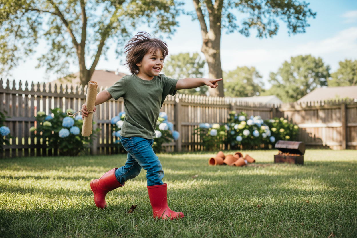 kid pointing and running holding a brown paper scroll in his other hand. outdoors in a typical backyard