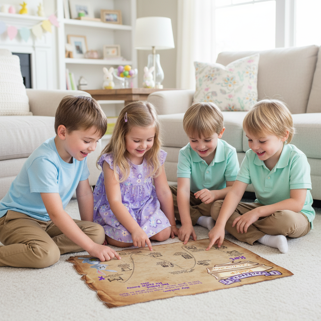 Kids following indoor Easter map