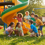 kids searching for a clue under a slide